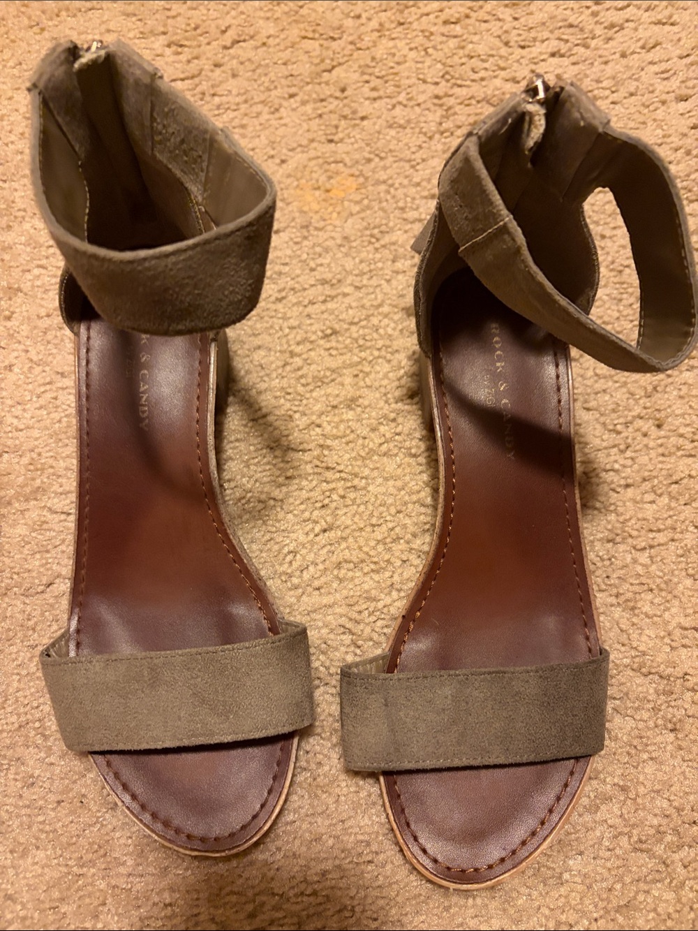 Rock & Candy Taupe Suede Ankle-Strap Heels